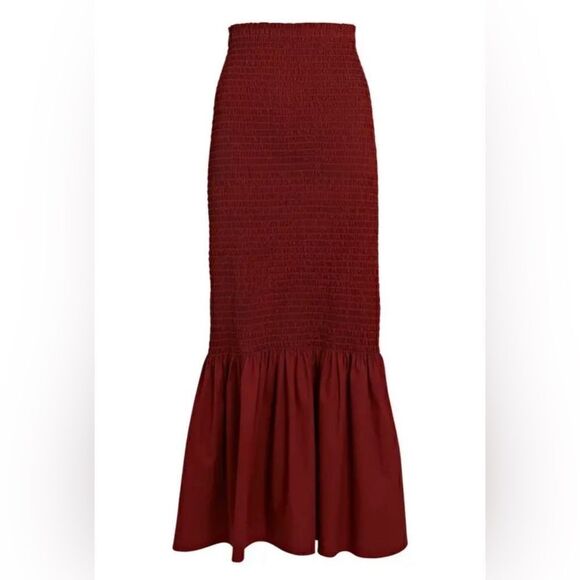 A.L.C. | Lyra Smocked Burgundy Cotton Poplin Midi Maxi Mixi Skirt 8 - Picture 1 of 7